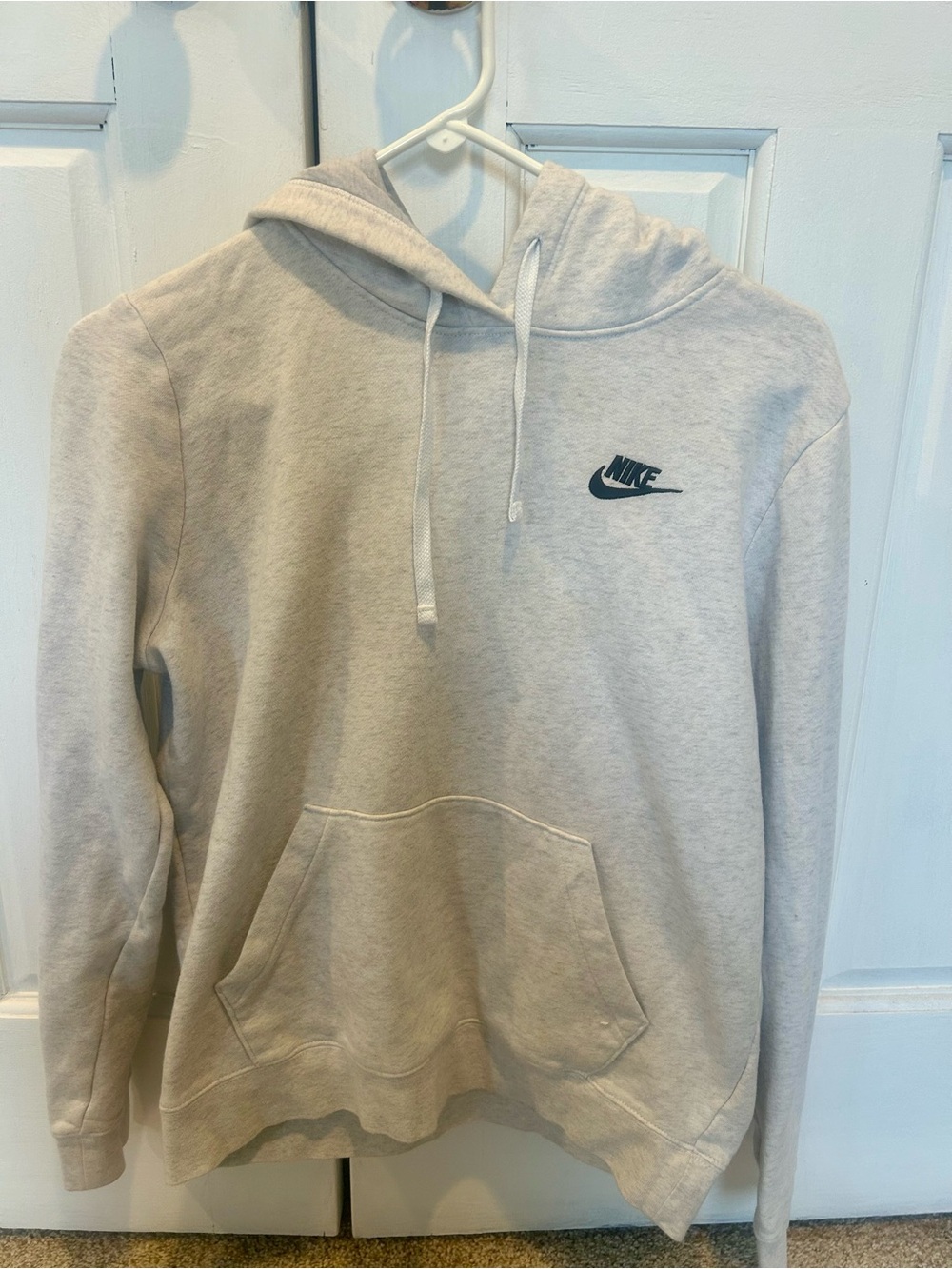 Nike Cream Crewneck Hoodie with Black Swoosh and matching sweatpants.